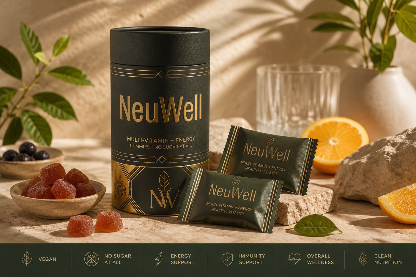 Neuwell Daily sugar-free multivitamin gummies — canister and single-serve packs